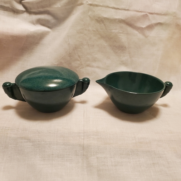 Color-Flyte Mid Century Moderne Creamer + Sugar Branchelle Dk Green - Picture 1 of 9
